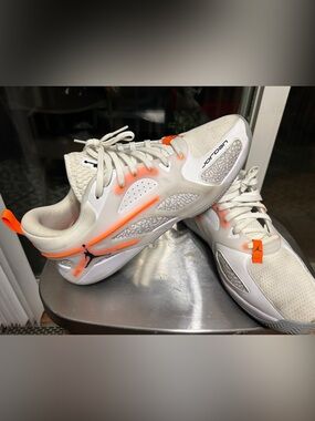 Sz 13 men Jordan Heirs White, Grey, and Laser Orange/Black accents.